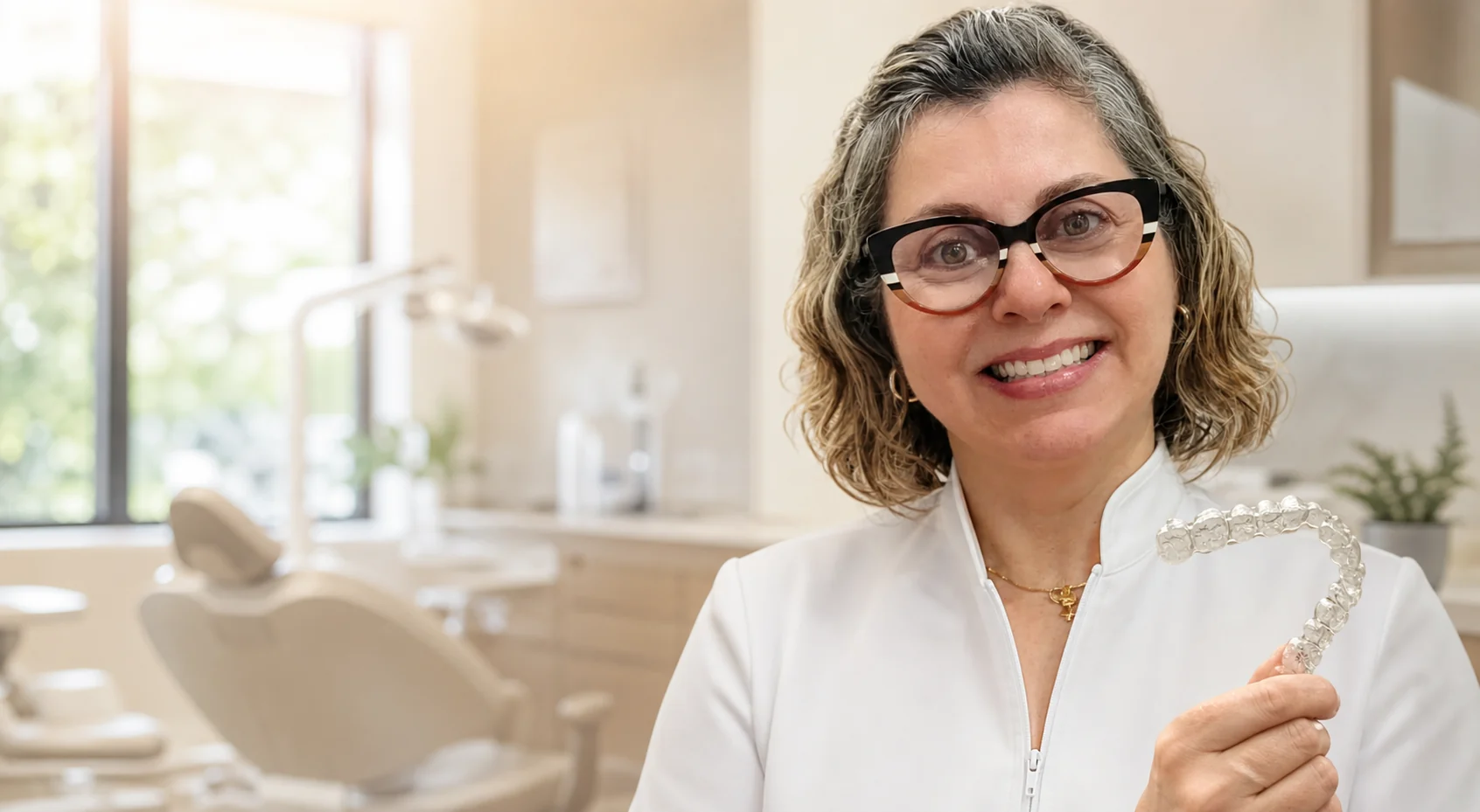 Dra. Juliana Califani segurando um alinhador transparente no consultório